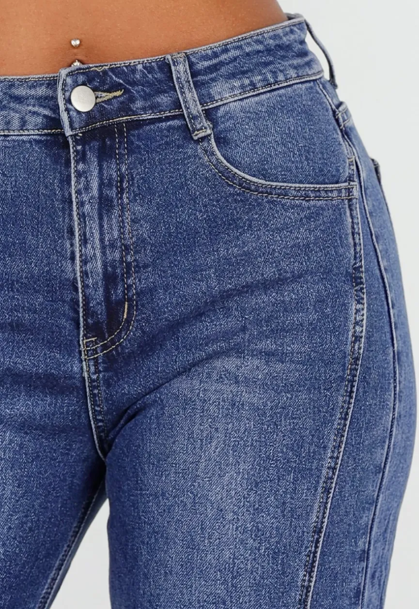 Blauwe High Waist Wide Leg Jeans met Sierstiksels en Zakken