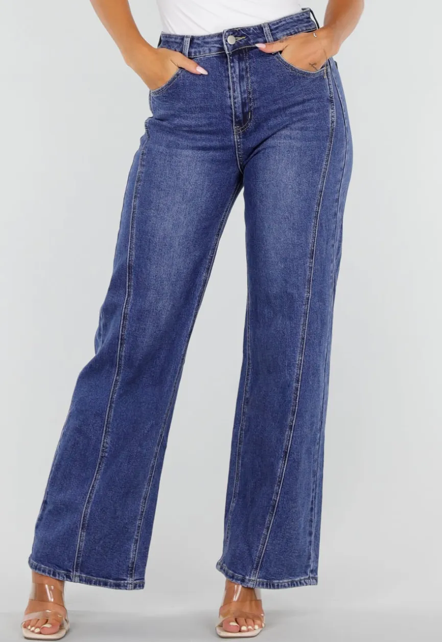 Blauwe High Waist Wide Leg Jeans met Sierstiksels en Zakken