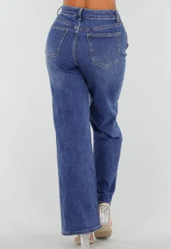 Blauwe High Waist Wide Leg Jeans met Sierstiksels en Zakken