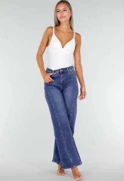Blauwe High Waist Wide Leg Jeans met Sierstiksels en Zakken