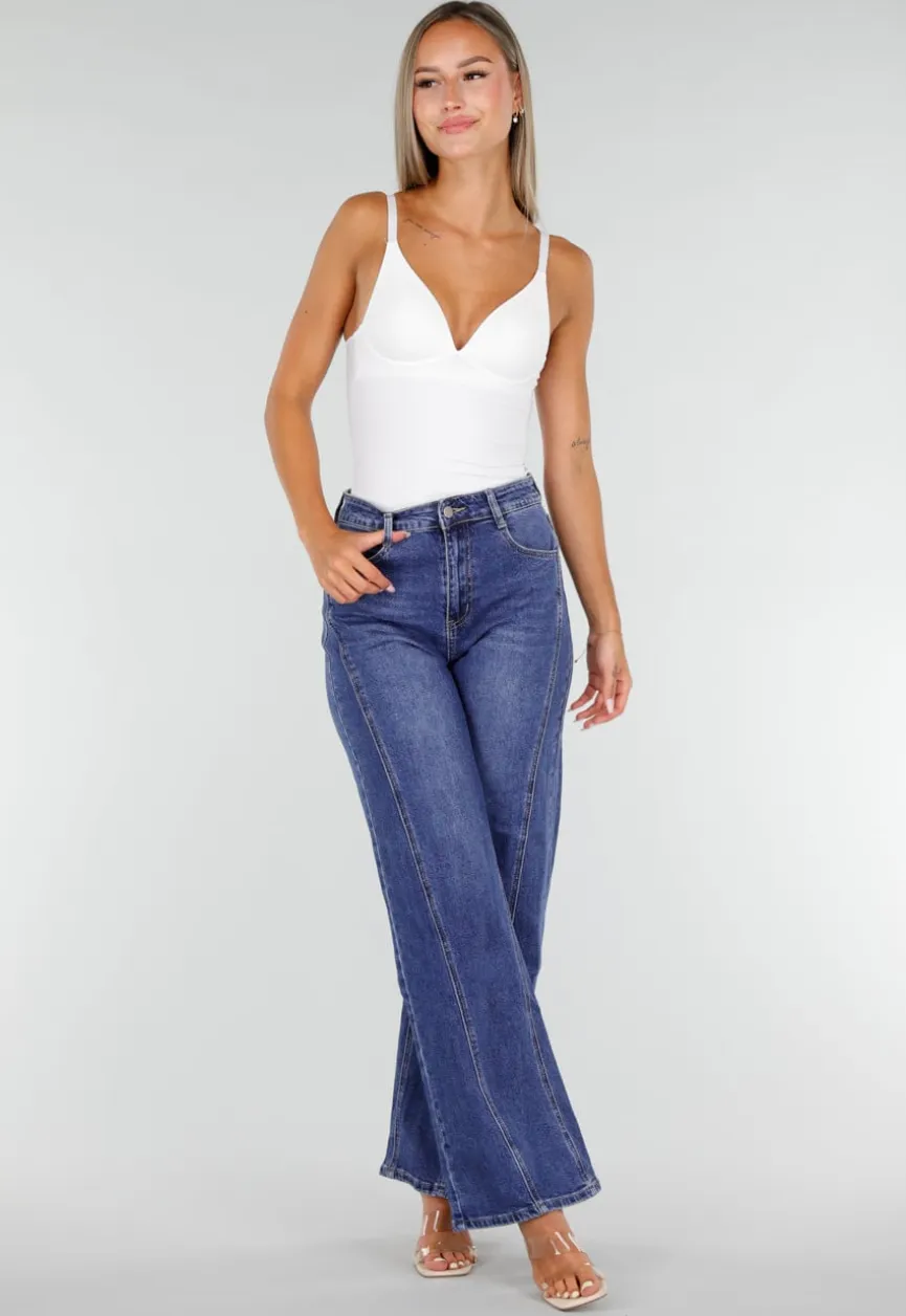 Blauwe High Waist Wide Leg Jeans met Sierstiksels en Zakken