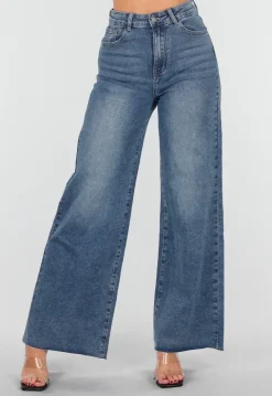 Blauwe High Waist Wide Leg Stretch Jeans met Wassing