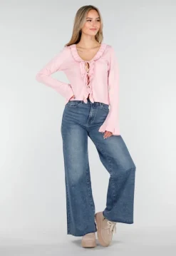 Blauwe High Waist Wide Leg Stretch Jeans met Wassing