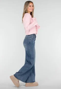 Blauwe High Waist Wide Leg Stretch Jeans met Wassing