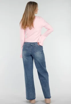 Blauwe High Waist Wide Leg Stretch Jeans met Wassing