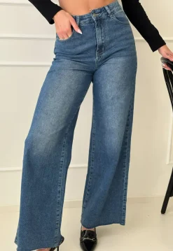 Blauwe High Waist Wide Leg Stretch Jeans met Wassing