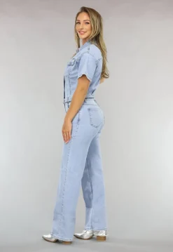 Blauwe Jeans Jumpsuit met Korte Mouwen en Straight Leg