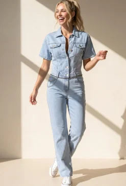 Blauwe Jeans Jumpsuit met Korte Mouwen en Straight Leg