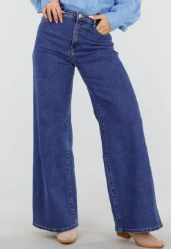 Blauwe Jeans met Hoge Taille en Wijde Rechte Pijpen