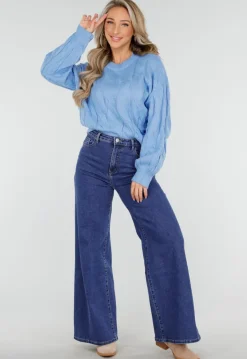 Blauwe Jeans met Hoge Taille en Wijde Rechte Pijpen
