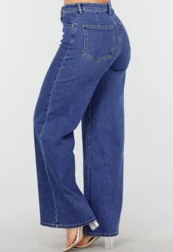 Blauwe Jeans met Hoge Taille en Wijde Rechte Pijpen