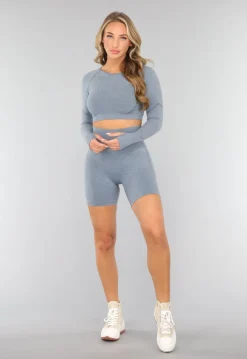 Blauwe Korte Sporttop met Lange Mouwen