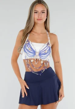 Blauwe Kralen Bodychain met Parels, Schelpen en Vlinders