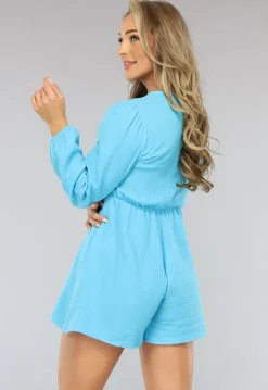 Blauwe Lange Mouwen Mousseline Playsuit