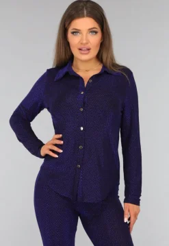 Blauwe Longsleeve Blouse met Shimmer