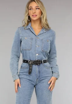 Blauwe Longsleeve Denim Jumpsuit met Wide Leg
