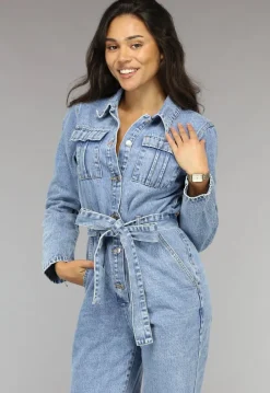 Blauwe Longsleeve Jeans Jumpsuit met Tailleband