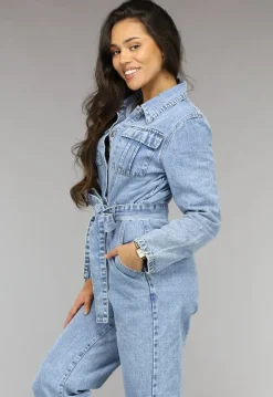 Blauwe Longsleeve Jeans Jumpsuit met Tailleband