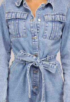 Blauwe Longsleeve Jeans Jumpsuit met Tailleband