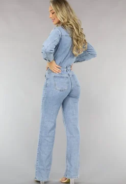 Blauwe Longsleeve Straight Leg Spijker Jumpsuit