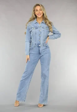 Blauwe Longsleeve Straight Leg Spijker Jumpsuit