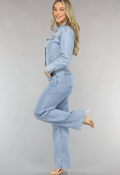 Blauwe Longsleeve Straight Leg Spijker Jumpsuit
