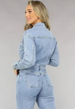 Blauwe Longsleeve Straight Leg Spijker Jumpsuit