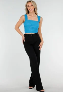Blauwe Mesh Off Shoulder Top met Stretch en Drapé Effect