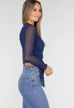 Blauwe Mesh Wrap Top met Striksluiting