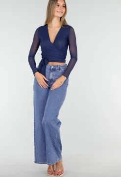 Blauwe Mesh Wrap Top met Striksluiting