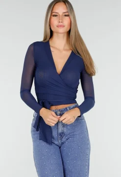 Blauwe Mesh Wrap Top met Striksluiting