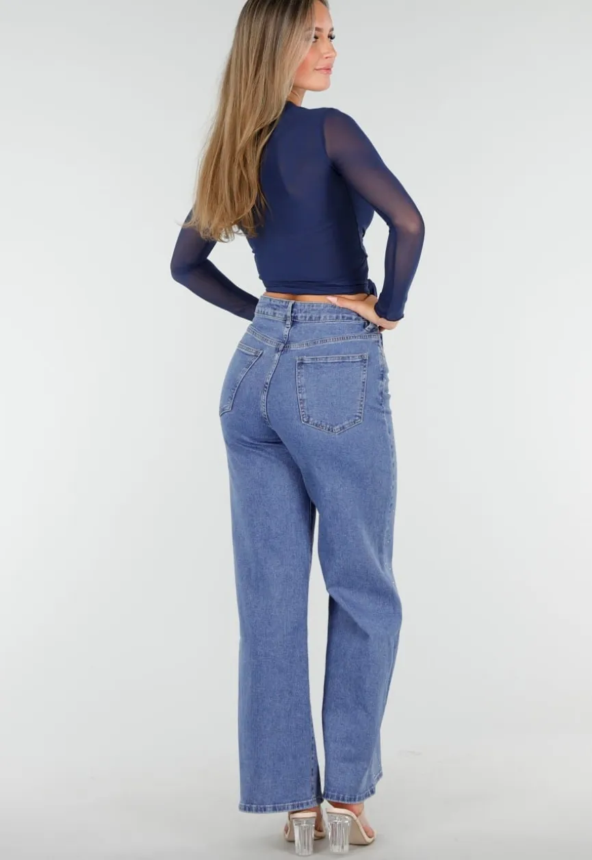 Blauwe Mesh Wrap Top met Striksluiting