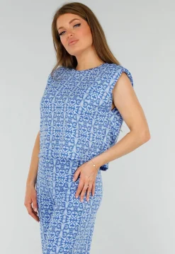Blauwe Mouwloze Stretch Top met Schoudervullingen