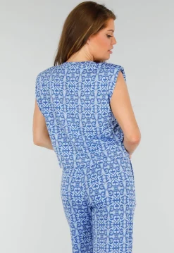Blauwe Mouwloze Stretch Top met Schoudervullingen