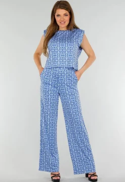 Blauwe Mouwloze Stretch Top met Schoudervullingen