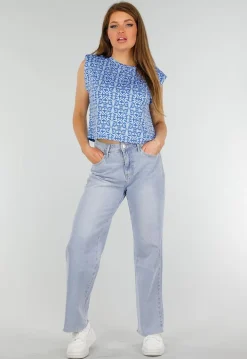 Blauwe Mouwloze Stretch Top met Schoudervullingen