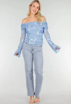 Blauwe Off Shoulder Mesh Top met Bloemen