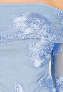 Blauwe Off Shoulder Mesh Top met Bloemen