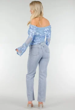Blauwe Off Shoulder Mesh Top met Bloemen