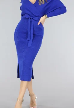 Blauwe Off-Shoulder Rib Jurk met Tailleband