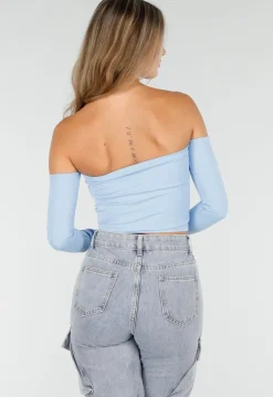 Blauwe Off Shoulder Top met Lange Mouwen en Stretchstof