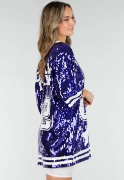 Blauwe Oversized Pailletten Jersey Top met V Hals