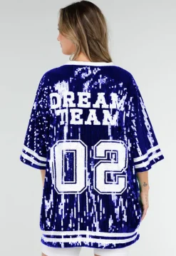 Blauwe Oversized Pailletten Jersey Top met V Hals