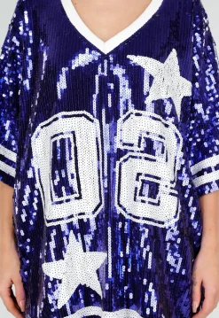 Blauwe Oversized Pailletten Jersey Top met V Hals