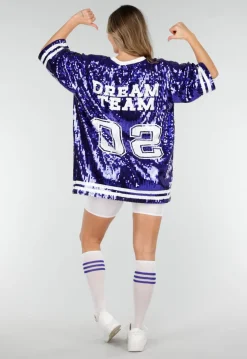 Blauwe Oversized Pailletten Jersey Top met V Hals