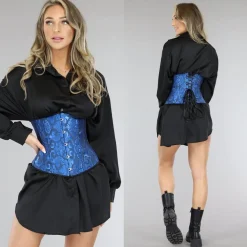 Blauwe Satin Underbust Korset met Borduursels