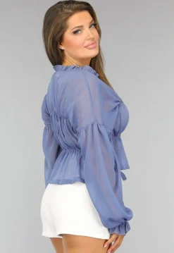 Blauwe See Through Blouse met Pofmouwen