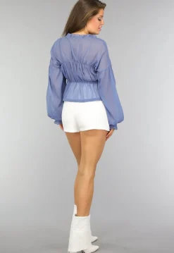 Blauwe See Through Blouse met Pofmouwen
