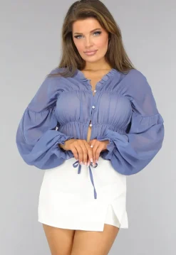 Blauwe See Through Blouse met Pofmouwen