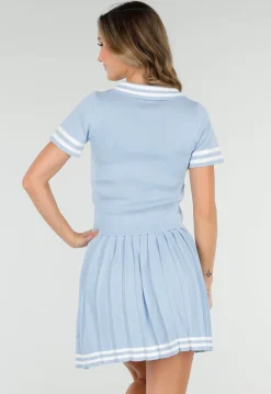 Blauwe Set met Polo Top en Plissé Rok